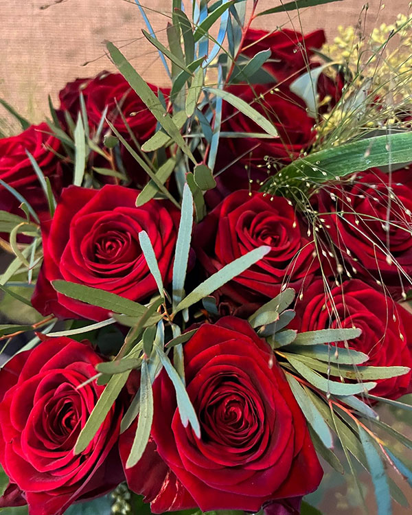 12 Premium Grade Red Roses with mixed foliage